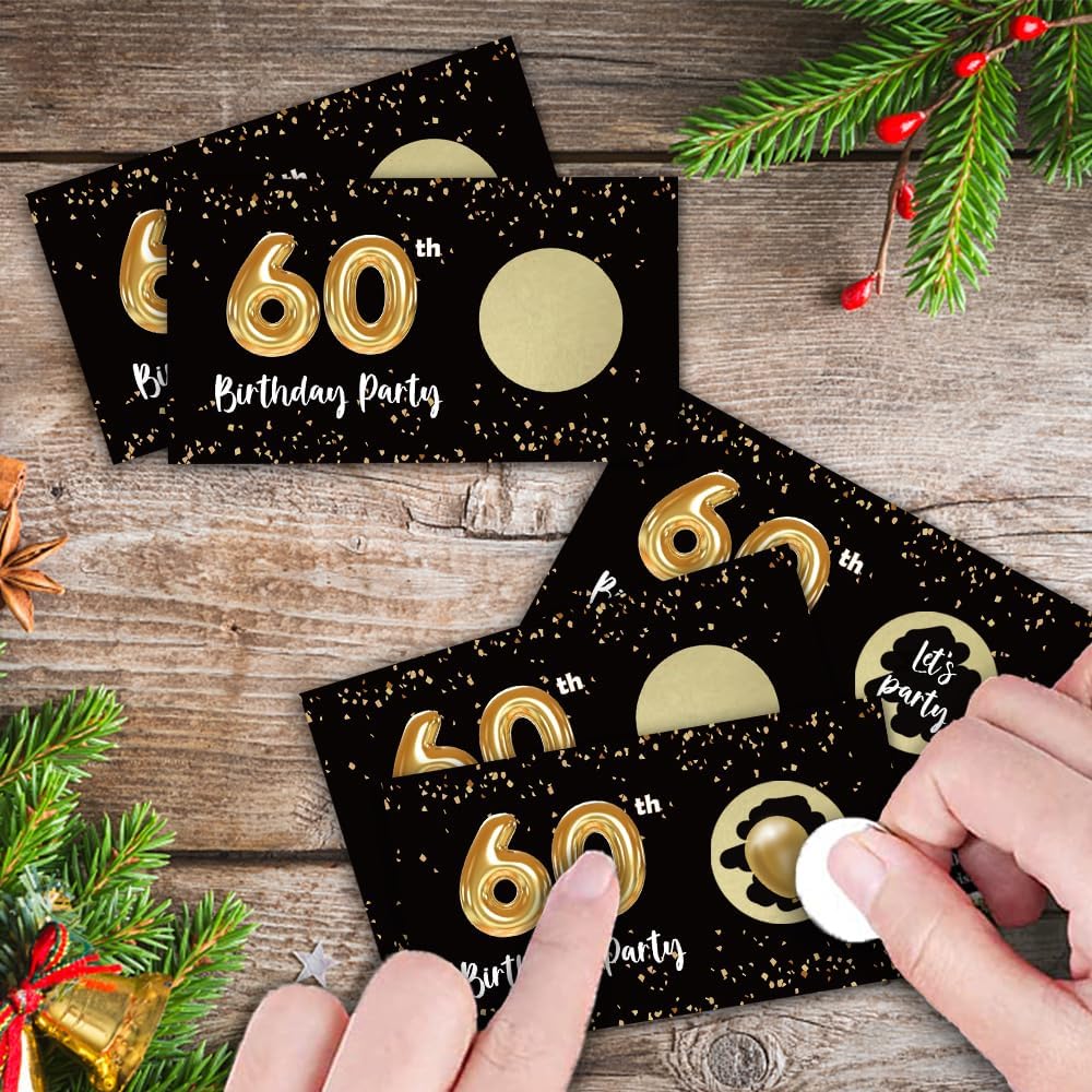 REWIDPARTY Adult 60th Birthday Party Scratch Off Game Cards（32 PCS）Black Gold 60th Birthday Scratch Off Tickets Happy 60th Birthday Party Supplies Christmas Holiday Special Event Raffle Tickets
