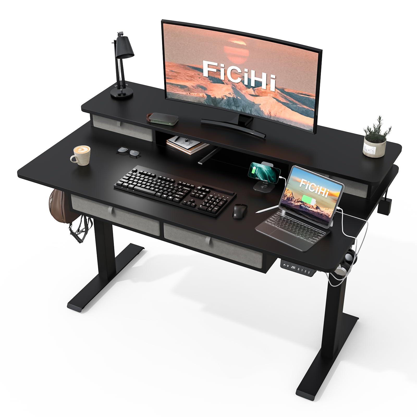FiCiHi Adjustable Height Standing Desk with 4 Drawers 55 x 30 inches Electric Sit Stand Desk for Home