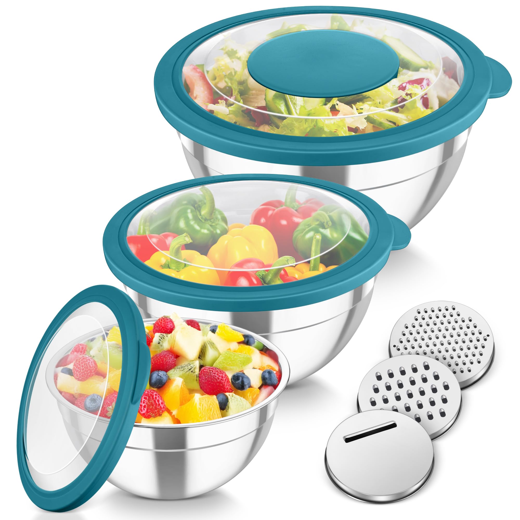 TeamFar Mixing Bowls, 3PCS Stainless Steel Serving Salad Bowls with Lids & 3 Graters, For Kitchen Mixing/Baking/Storing/Prepping, Visible & Airtight, Easy Clean - 4.5/3 / 1.5 QT, Dark Blue