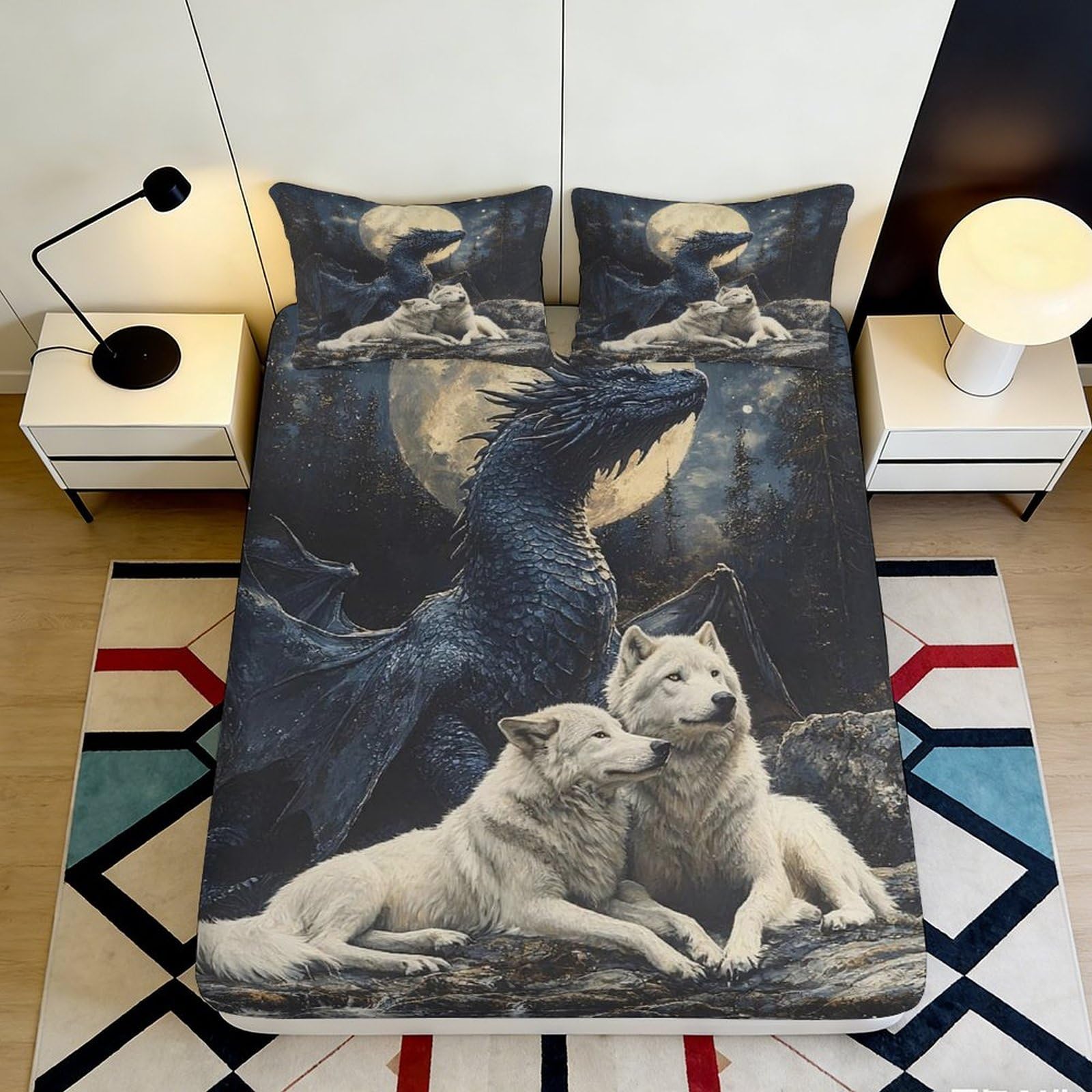 Pnayamiorkfel Style-8 3D Printed Moon Dragon Fitted Sheet Microfiber Soft Breathable Wolf Forest Mattress Cover For Bedroom Guest Room Decor 90X200x25cm