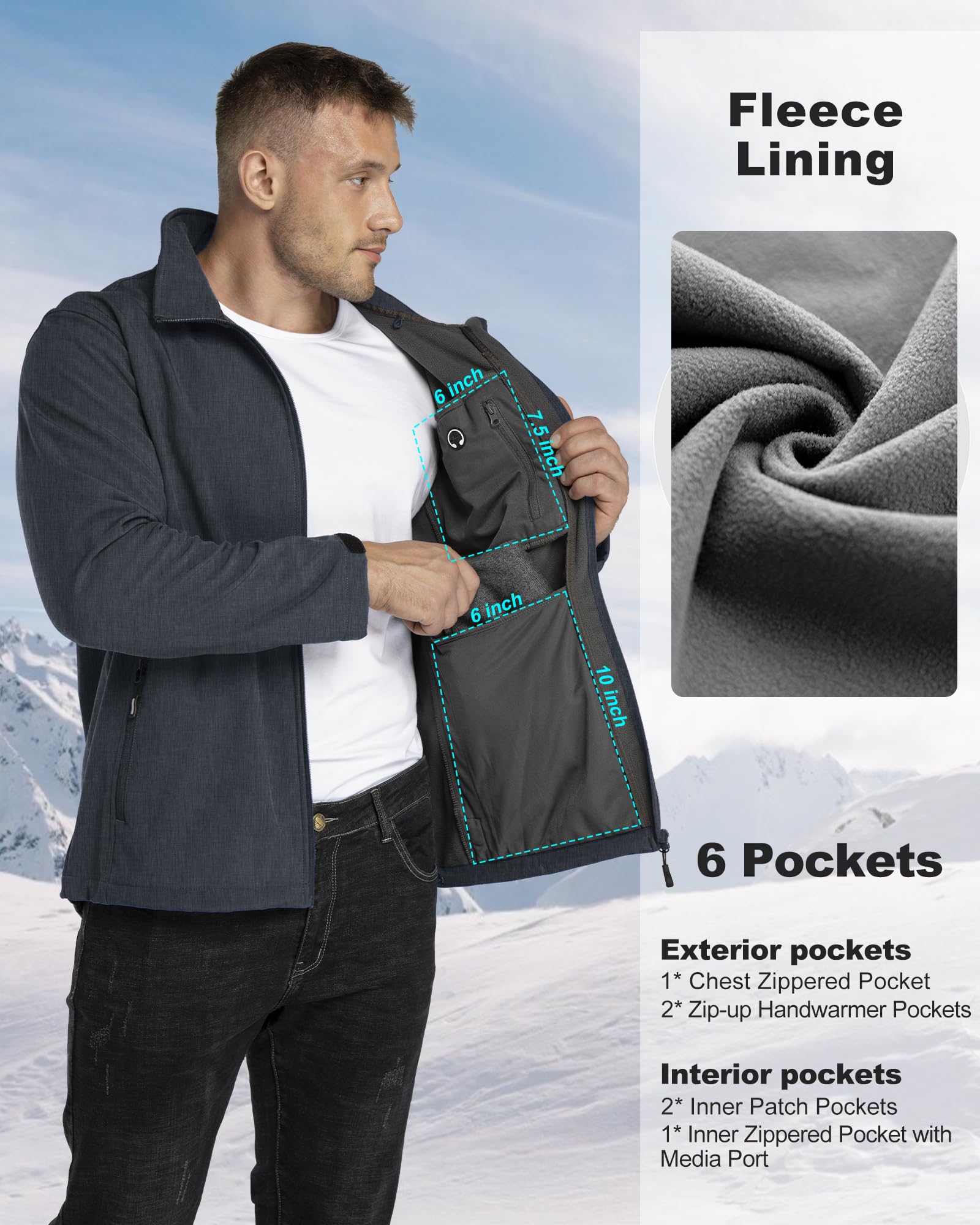 33,000ft Giacca softshell da uomo, impermeabile, antivento, in pile caldo, foderata, antivento, funzionale, per escursioni, bicicletta, campeggio
