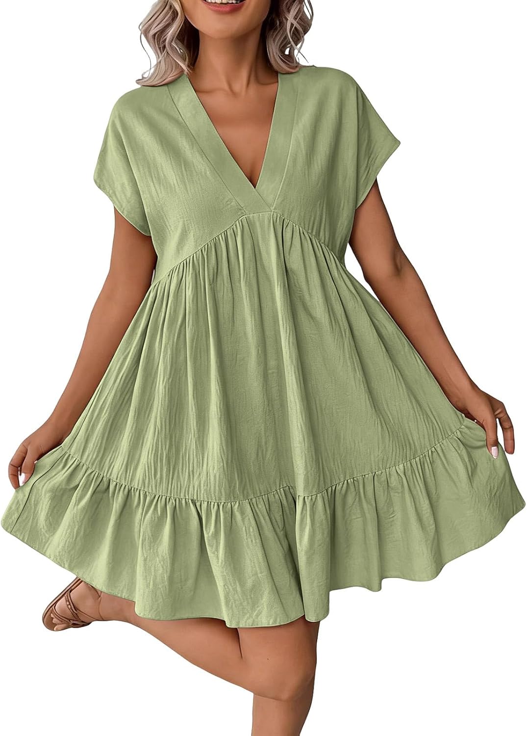 Women's Deep V Batwing Sleeve Dress Ruched Ruffle Hem Cotton Linen Dress Loose Fit Fashion Casual Mini Dress 2026