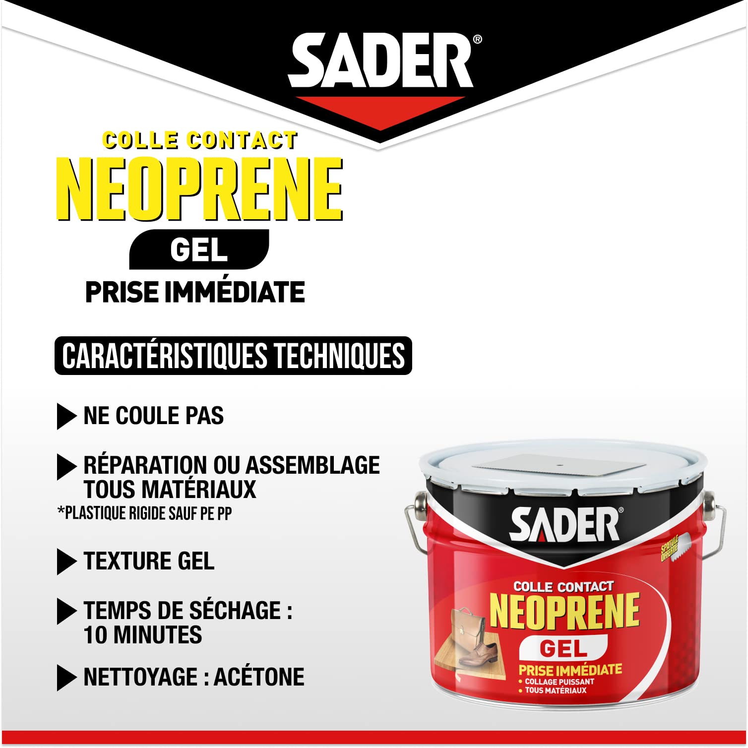 Sader Colle Contact Néoprène Gel – Colle Extra Forte Tous Matériaux – Prise Immédiate – Idéale pour Supports Poreux ou Verticaux – Seau de 2,5 L