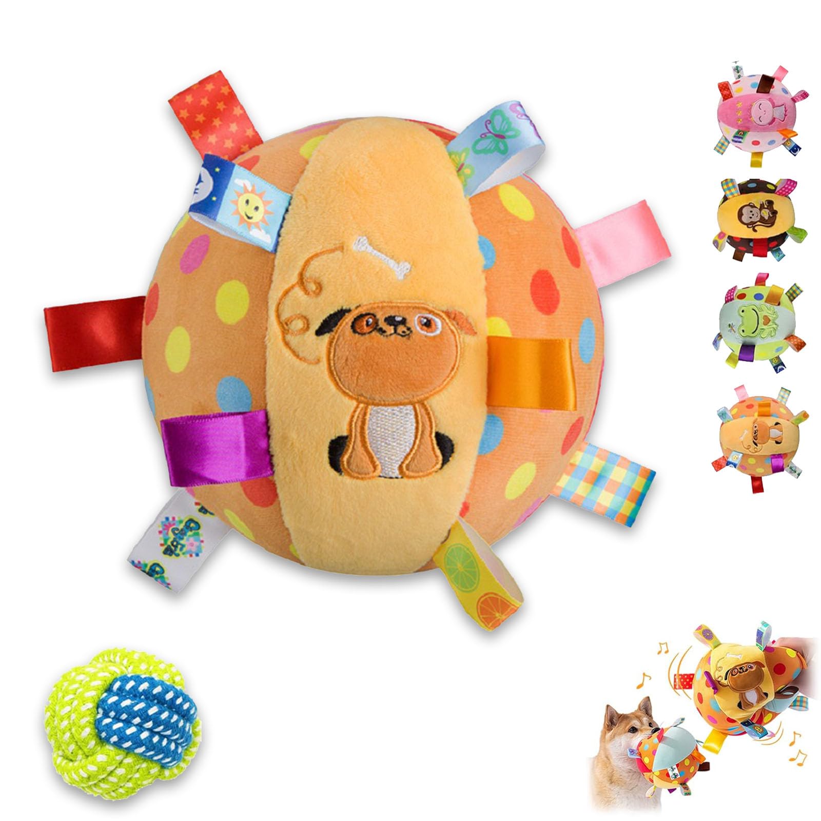 Colorful Squeaky Hanging Dog Training Toy, Squeaky Hanging Dog Toy 6-Inch Soft Plush Ball with Ribbons, Bell and Elastic Strap, Interactive Hanging Ball for Dogs Indoor Outdoor Play (COLOR-D)