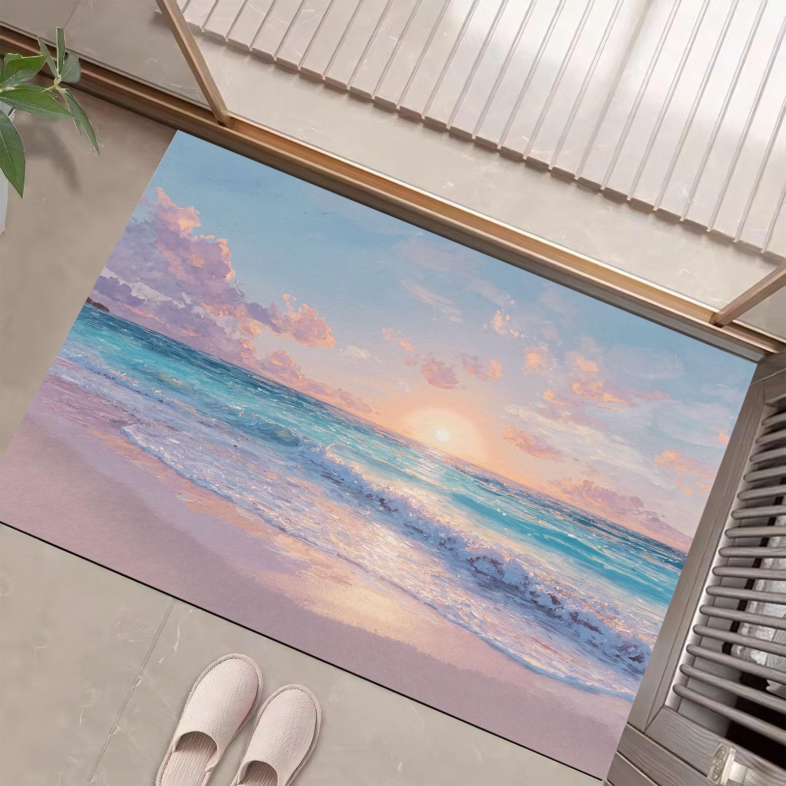 Tapis d'entrée 80x120 cm lavable et antidérapant rose clair motif plage