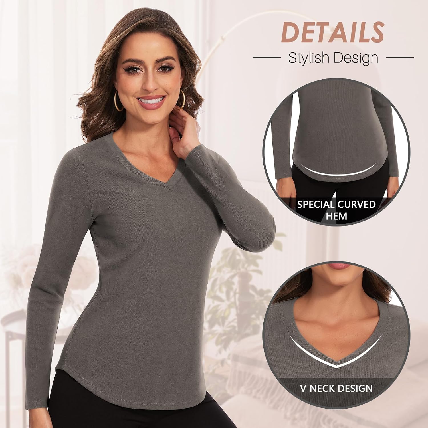 WOWENY Thermal Shirts for Women V Neck Fleece Lined Long Sleeve Base Layer Soft Warm Underwear Tops Cold Weather