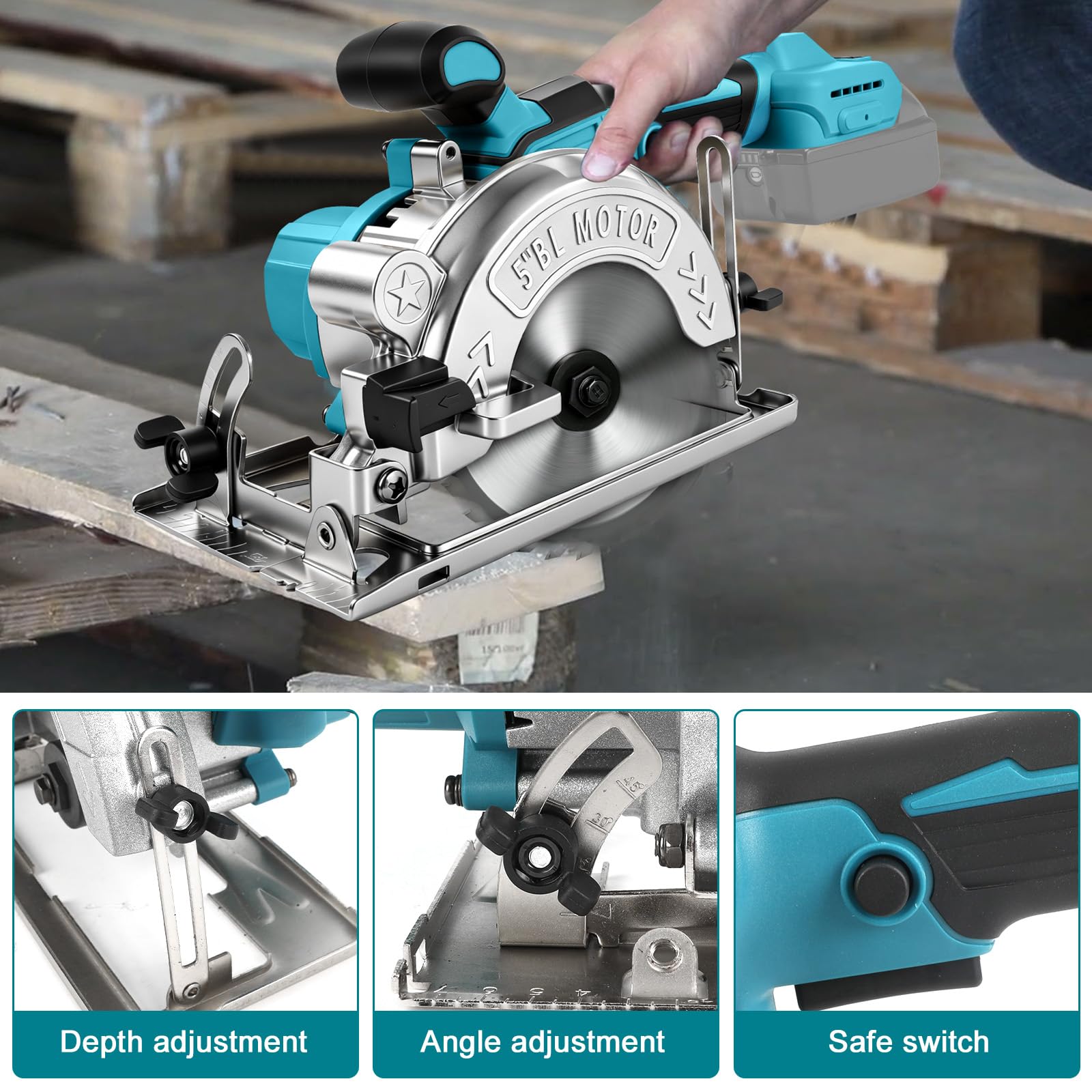 Sega circolare a batteria da 125 mm per batteria Makita da 18 V (senza batteria), motore senza spazzole 0-6500 giri/min, angolo di taglio 0-45°, profondità di taglio 41 mm (90°) 21 mm (45°), per legno