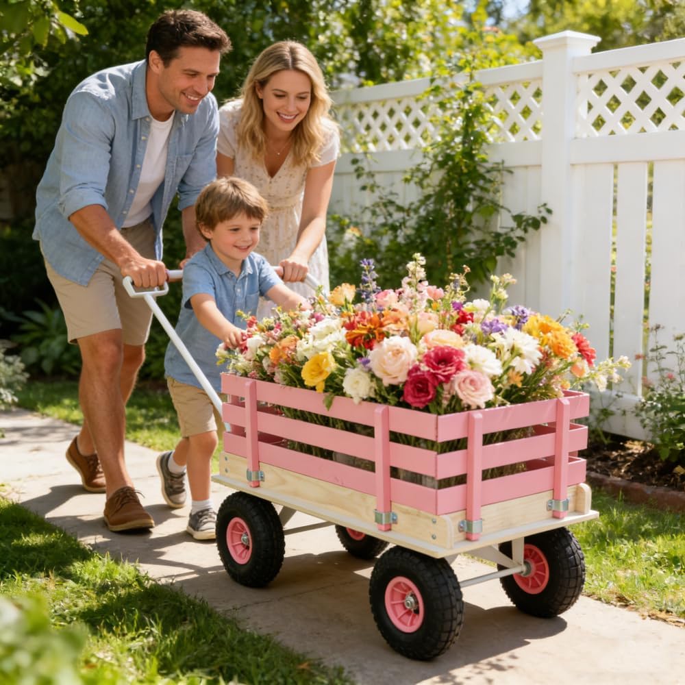 Sturdy Wooden Utility Wagon with Foldable Handle for Outdoor Transport, Garden Hauling, Camping Gear, Beach Trips and Yard Tasks (Pink + Iron + Wood)
