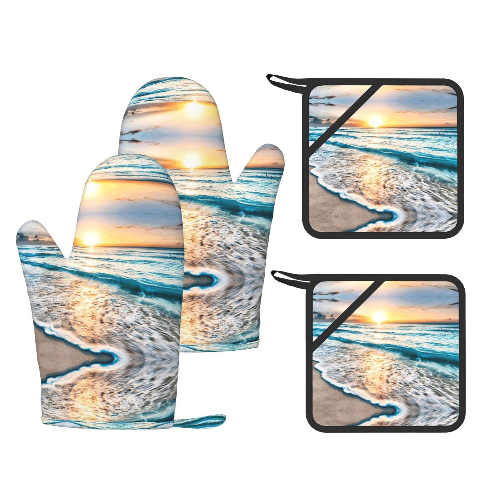 Beach Sunset Ocean Printed Oven Mitts and Pot Holders Set of 4, Heat Resistant Silicone Gloves for Baking Grilling