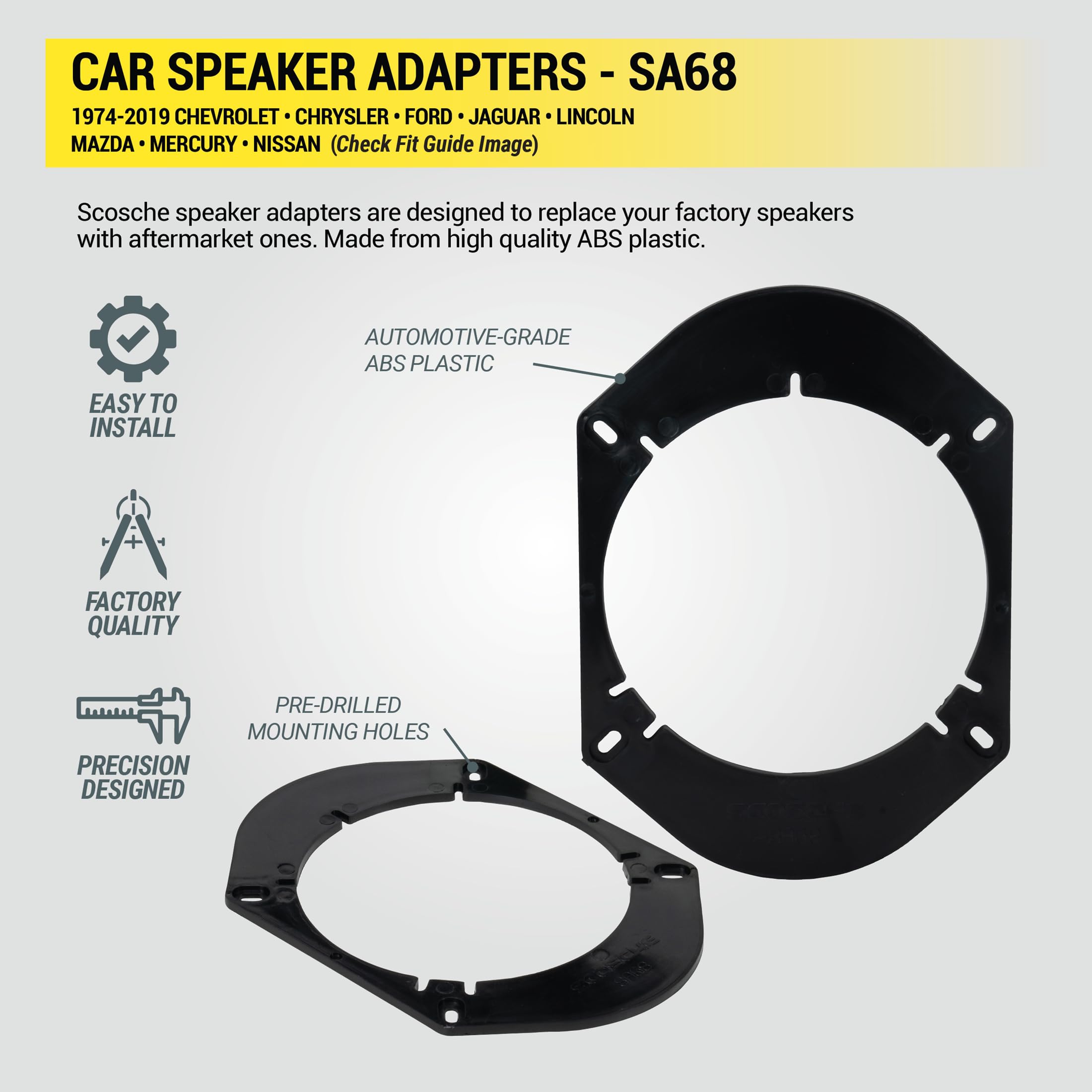 Scosche SA68 Adaptador universal de altavoz de 5 x 7 o 6 x 8 a 5.25 pulgadas a 6.5 pulgadas (par)