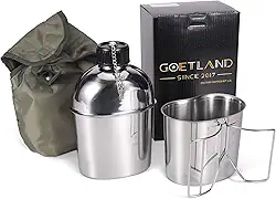 Goetland Kit de cantina militar WWII US de aço inoxidável 1QT com tampa de nylon de 0,5QT Cup G.I., 1.2QT With 0.6QT Butterfly Handle Cup