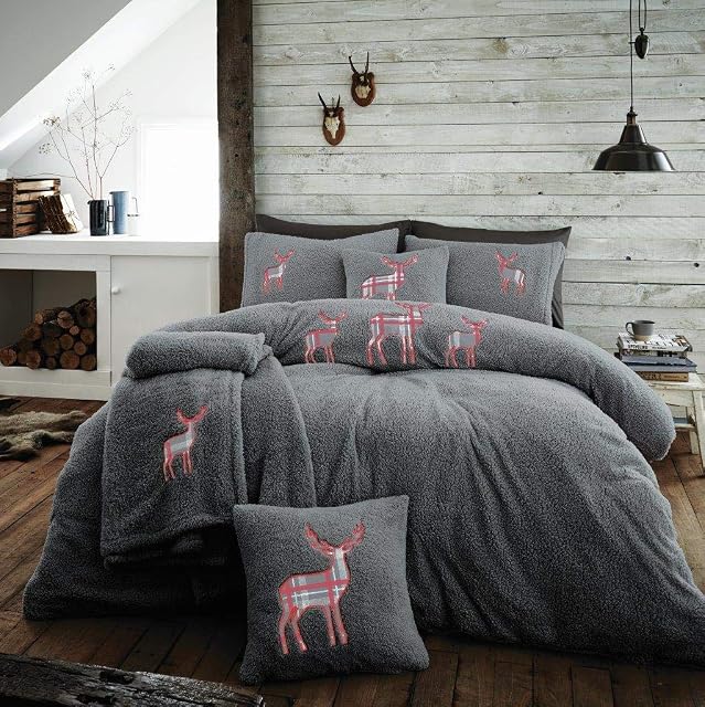 Lions Teddy Fleece Bedding - Ultra Soft Fluffy Double Duvet Cover Set with Pillowcase, Cuddly Thermal Warm Plain Quilt Covers, Emb Stag, Charcoal, 200x200cm