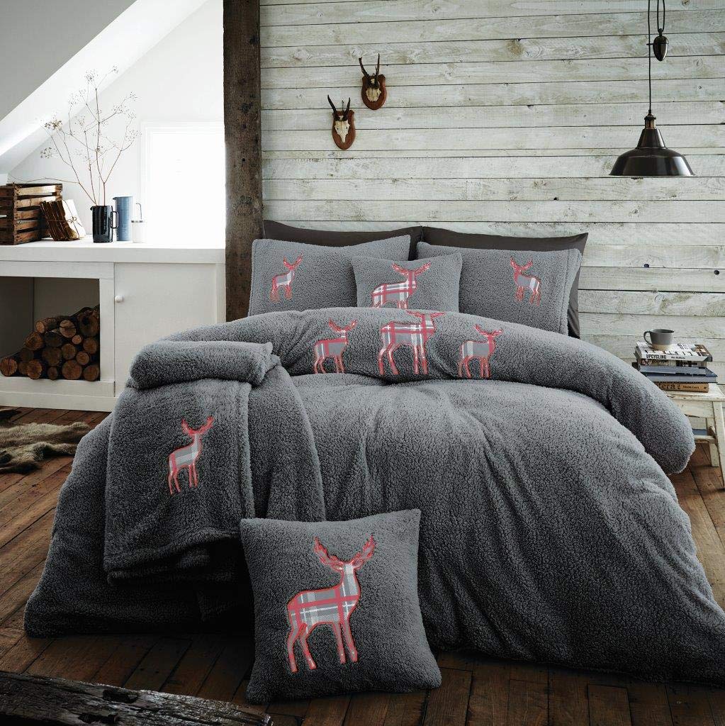 Lions Teddy Fleece Bedding - Ultra Soft Fluffy Single Duvet Cover Set with Pillowcase, Cuddly Thermal Warm Plain Quilt Covers, Emb Stag, Charcoal, 137x200cm