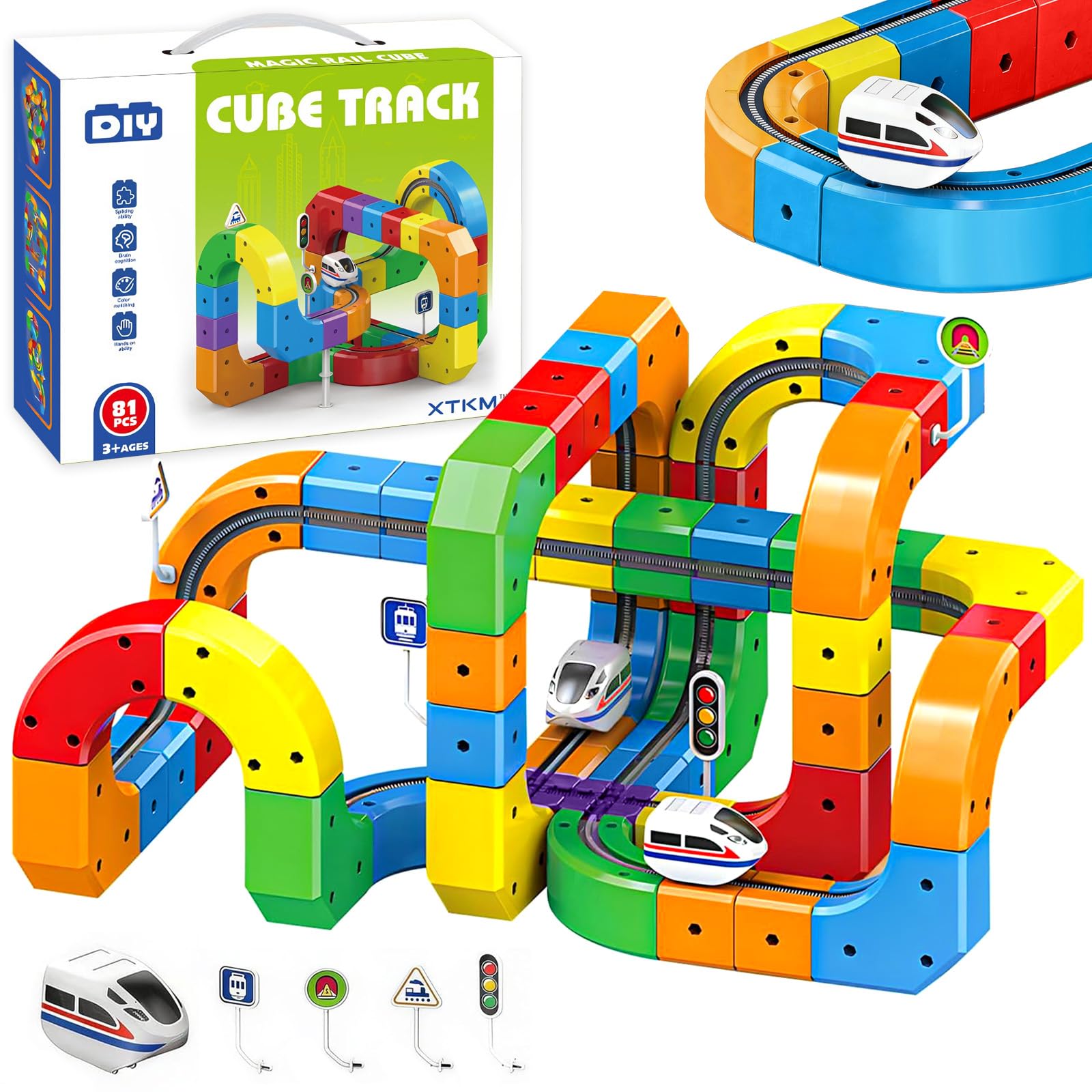 81PCS Electric Train Set,Magic Rail Cube Train Track Toys for Boys & Girls