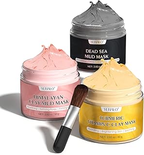 YLNALO Vitamin C Turmeric Clay Mask, Dead Sea Mud and Himalayan Pink Clay Mask Set, Facial Skin Care Clay Mud Mask Hydrating Brightens Moisturizing Skin for Dull Skin, Blackheads, Enlarged Pores, Acne and Dark Spots