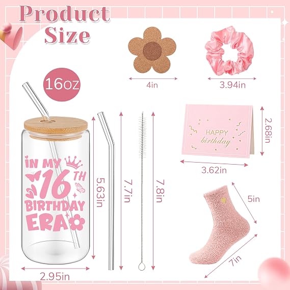 5 Pcs 16th Birthday Gifts for Her, Happy 16 Year Old Gifts Ideas for Women Female, 16 oz Birthday Glass Cup with Lids and Straws for Mom Wife Friends Bestie Coworker Presents
