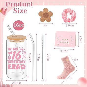 5 Pcs 16th Birthday Gifts for Her, Happy 16 Year Old Gifts Ideas for Women Female, 16 oz Birthday Glass Cup with Lids and Straws for Mom Wife Friends Bestie Coworker Presents