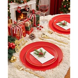 PULOTE 100PCS Red Plastic Plates Disposable Heavy Duty - Include 50 Dinner / 50 Dessert Plates for Party & Christmas