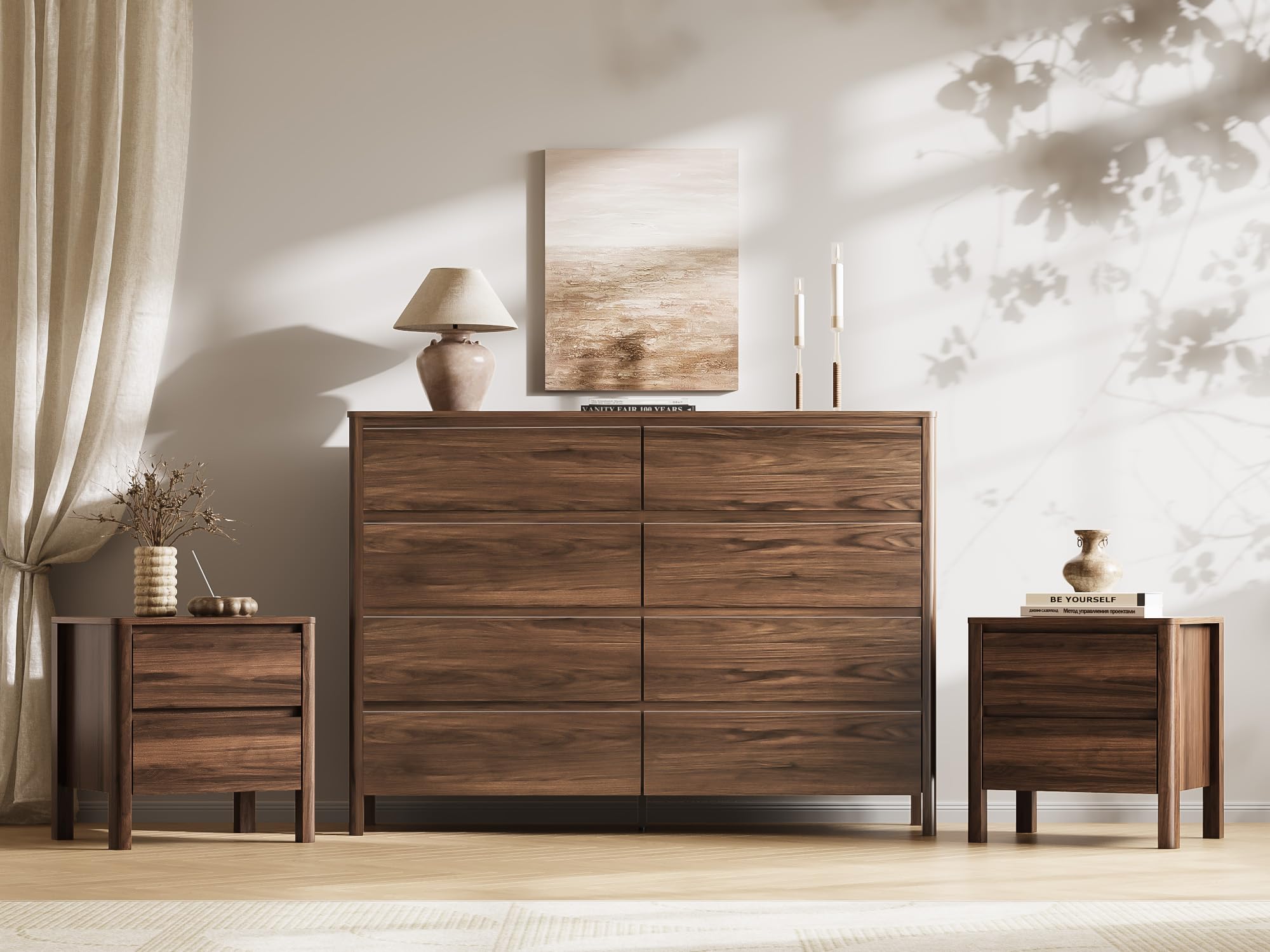 Walnut 3-Piece Bedroom Set, 8-Drawer Dresser &amp; 2-Drawer Nightstands