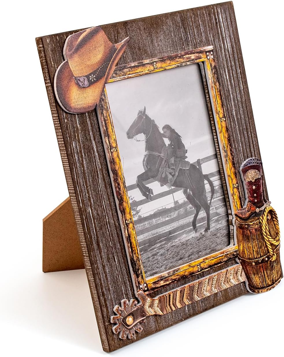 OKSQW 5 x 7 Rustic Wood Picture Frame with Cowboy Design, Solid Wooden Photo Frame with High Definition Glass, Cool Handicrafts Tabletop or Wall Mounting Great for Display for Farmhouse Home Decor (Denim Style)