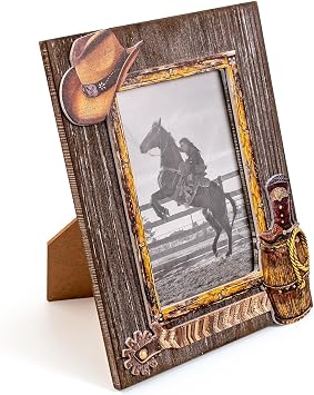 OKSQW 5 x 7 Rustic Wood Picture Frame with Cowboy Design, Solid Wooden Photo Frame with High Definition Glass, Cool Handicrafts Tabletop or Wall Mounting Great for Display for Farmhouse Home Decor Denim Style
