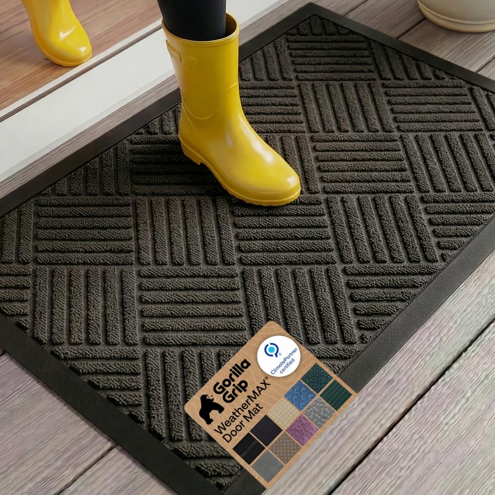 GORILLA GRIP 100% Waterproof All-Season WeatherMAX Doormat 35x23, US Designed Natural Rubber, Stain and Fade Resistant, Low Profile Indoor Outdoor Door Mats, Easy Clean Patio Mat, Gray Diamond