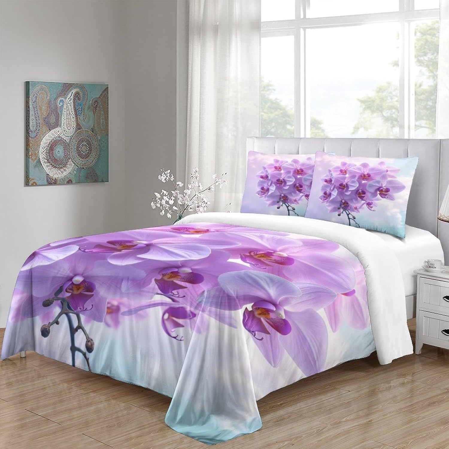 Funda Nordica Cama 135/150 Orquídea Phalaenopsis Ropa de Cama 3D Flores MoradasMicrofibra Suave 3 Piezas Include 1 Fundas Nórdica 135x200 cm y 2 Fundas de Almohada 50x75cm E-520