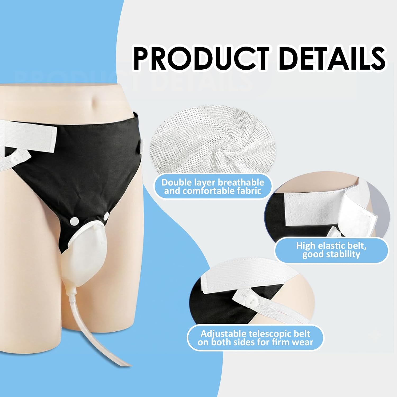 Wearable Urine Collector for Men with Soft Breathable Fixation Pants, Silicone External Catheter with Tube, 1000ml and 2000ml Urine Collection Bags for Travel and Daily Use, Elderly Men Black