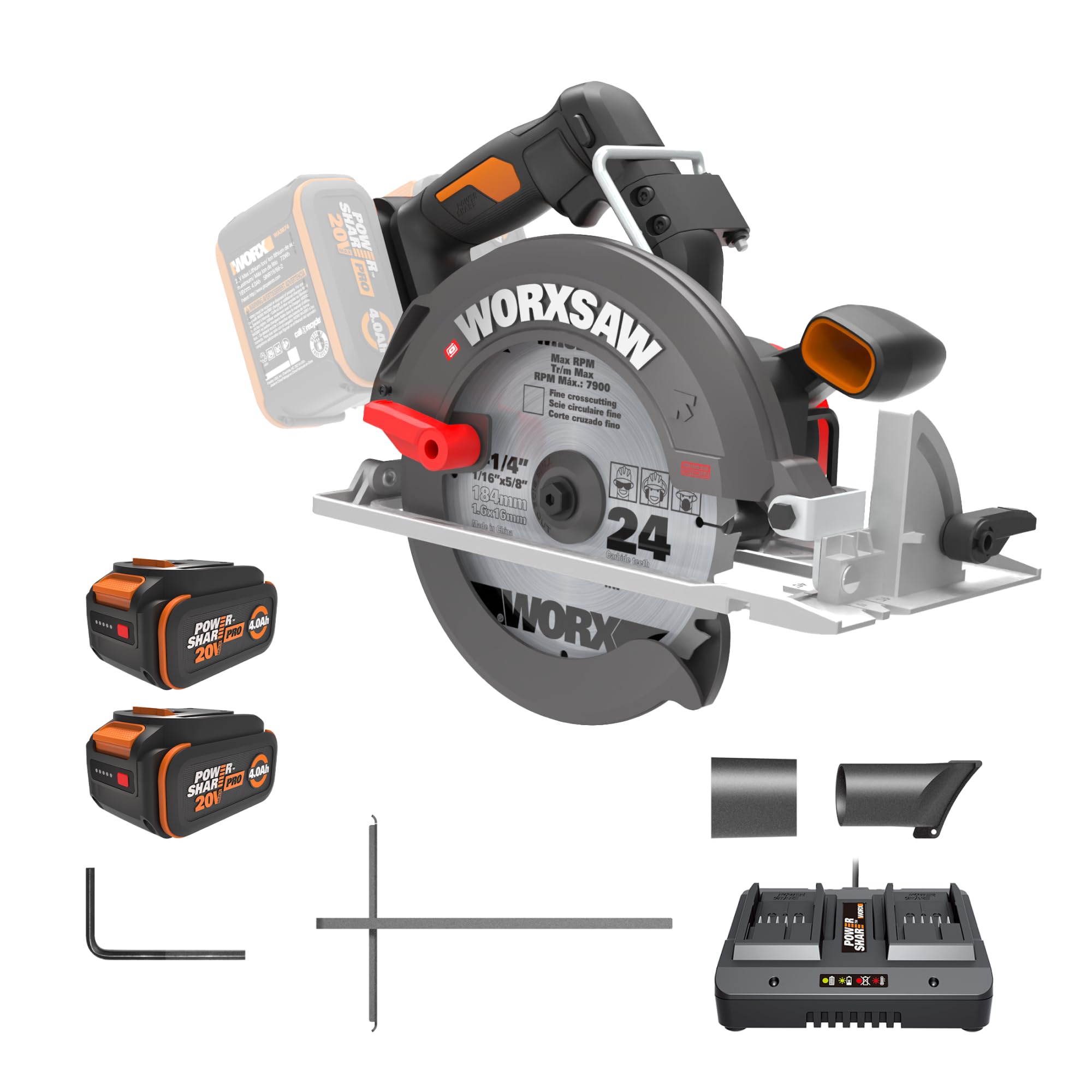 Cordless Circular Saw, 40V 7-1/4-Inch Brushless, WX533L | Up to 6,000 RPM, Electric Brake, LED Light, 2-9/16 in, Cut Depth, 2 x 4.0A Batteries & Charger Included, PowerShare