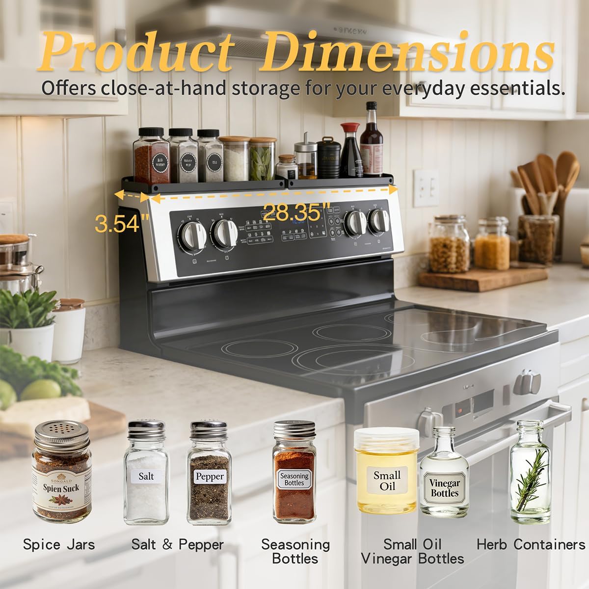 Magnetic Stove Top Shelf for 30" Stoves, Over Oven Spice Rack Organizer, Heavy-Duty Steel, Dual Installation with Magnet or Adhesive, Heat-Resistant Kitchen Storage Shelf (Standard Version)
