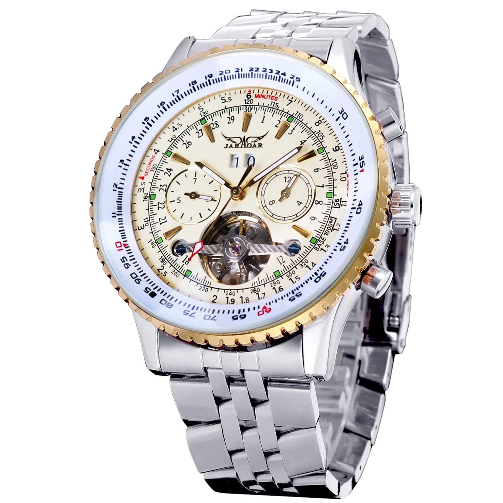 FORSINING Herren-Armbanduhr, selbstaufziehend, automatisch, wasserdicht, Edelstahl, mechanische Armbanduhr, Skelett, Tourbillon, Kalender, Datum