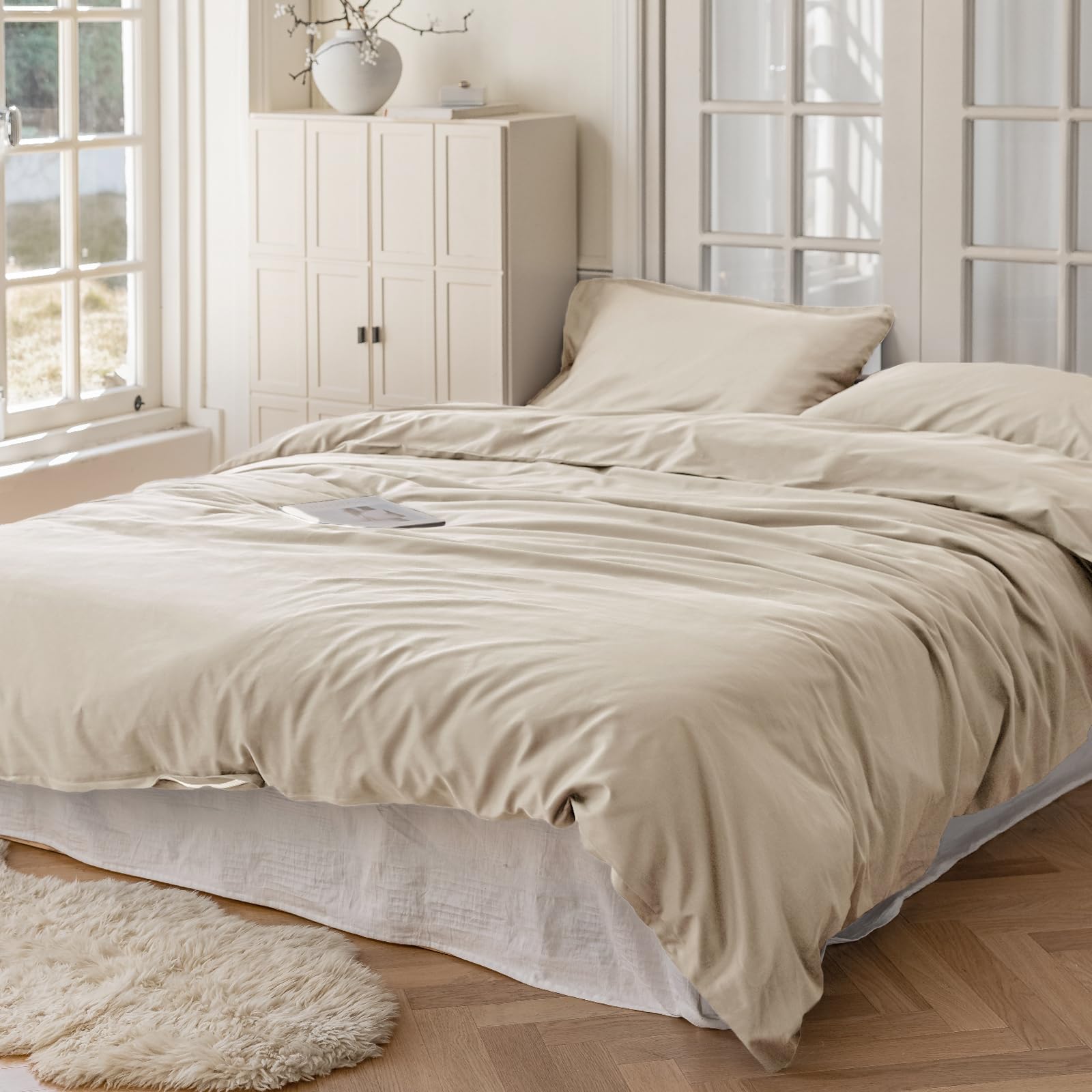 Cotopuro Copripiumino Matrimoniale 100% Cotone 240x220 (2 Federe 50x80), Set Copripiumino in Premium Cotone 150GSM OEKO-TEX, Morbida, Traspirante, Ipoallergenica - Beige