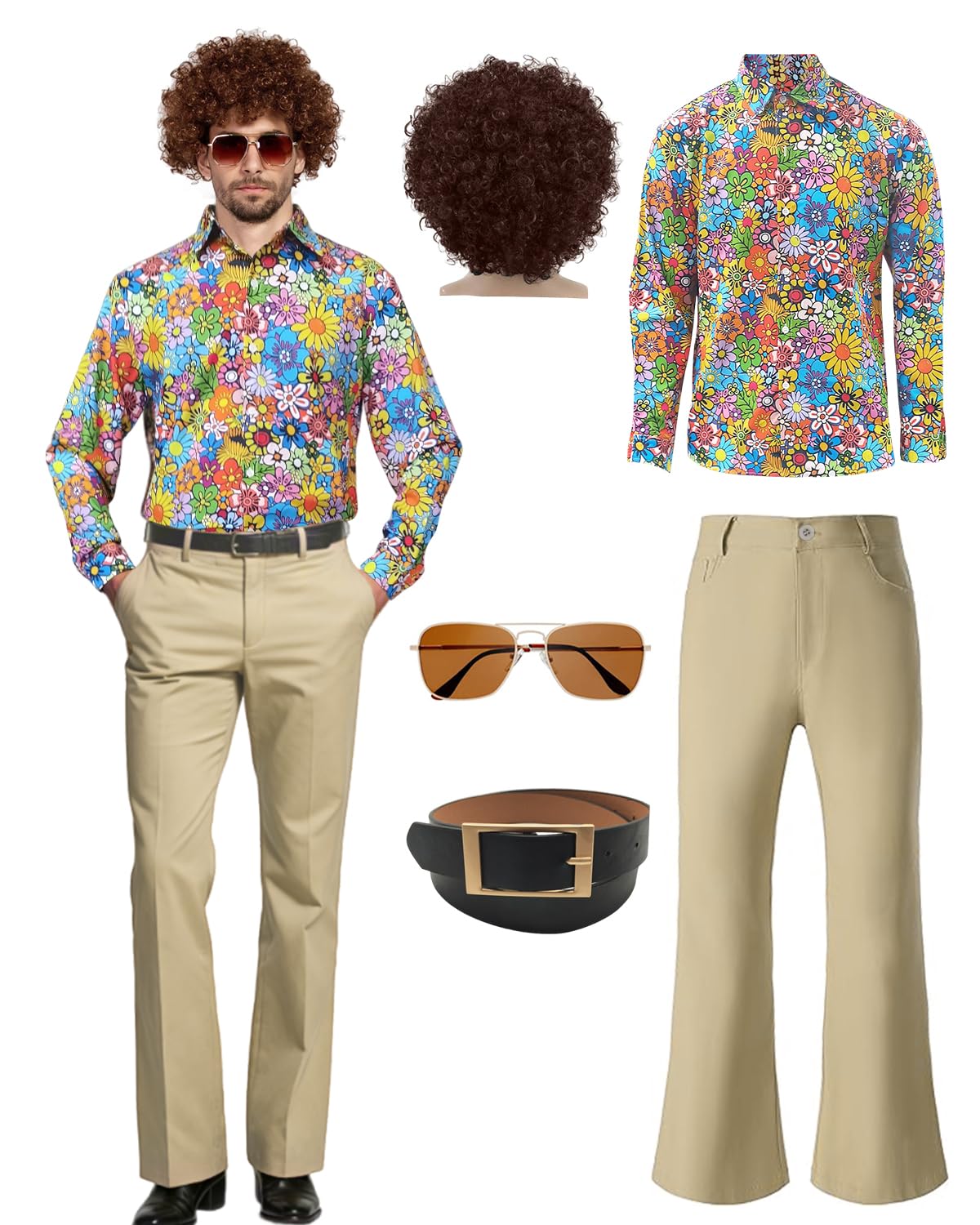 70s Disco Costume Set Hippie Men Outfit with Flared Pants Shirt for 50s 60s 70s Cosplay Halloween Party (Khaki, L)