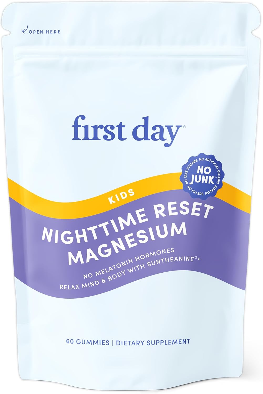 FIRST DAY Kids Magnesium Citrate Gummies (Ages 4+) with No Melatonin | Calm Kids Magnesium Gummies | Bedtime Supplement for Better Sleep with Suntheanine® L-Theanine | Strawberry | 30-Days Supply