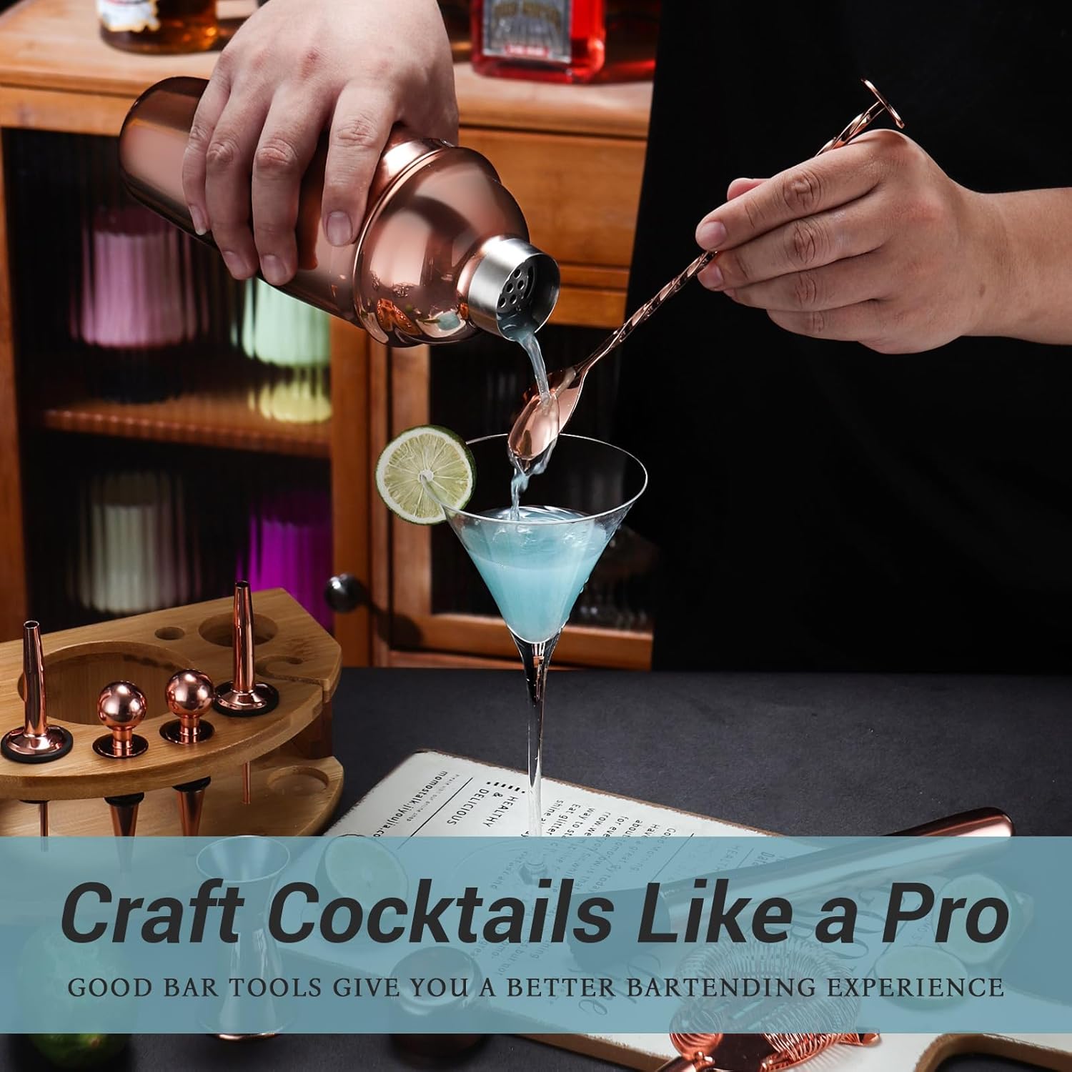 Cocktail Shaker Set Bartender Kit with Stand, 12 Piece Bar Set Drink Mixer Set with Stainless Steel Bar Accessories Tools: 25oz Martini Shaker Jigger Strainer Spoon Muddler for Cocktails (Rose Gold)