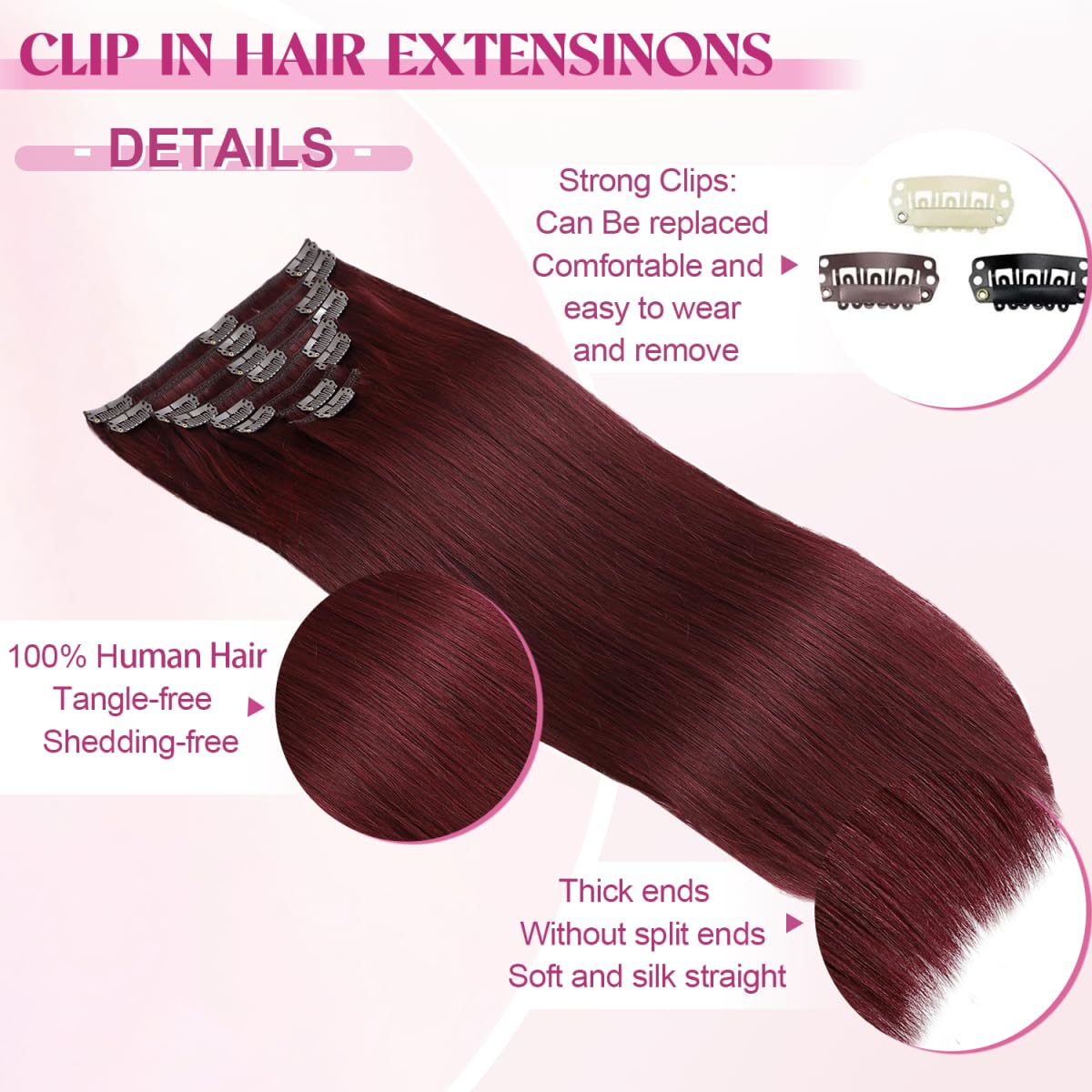 Wine clip ins *NEW* Burgundy Classic Clip In Hair Extensions  main image 3