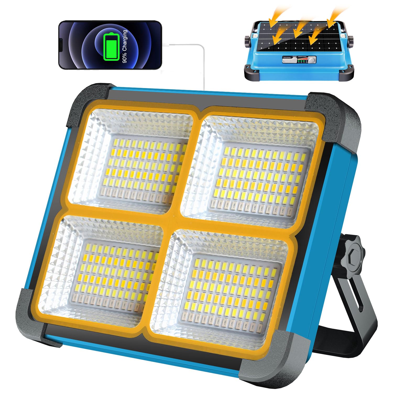 Projecteur LED Rechargeable, 5 Modes/288 LEDs, 10000mAh, 10000mAh | Lampe de travail à recharge solaire, avec lumière rouge et bleue, adaptée aux situations d'urgence/camping/chantiers