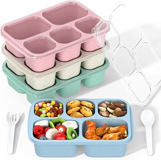 Enstphjoy 4-Pack Bento Box Lunch Containers - 5-Compartment Reusable Wheat Straw Meal Prep for Kids Adults Stackable Microwave Safe