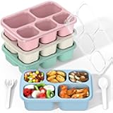 Bento Box Adult Lunch Box - 4 Pack, 5 - Compartment Meal Prep Container for Kids, Reusable Food Storage Snack Containers - Stackable for School, Work, and Travel (Wheat(Green/Blue/Pink/Beige))