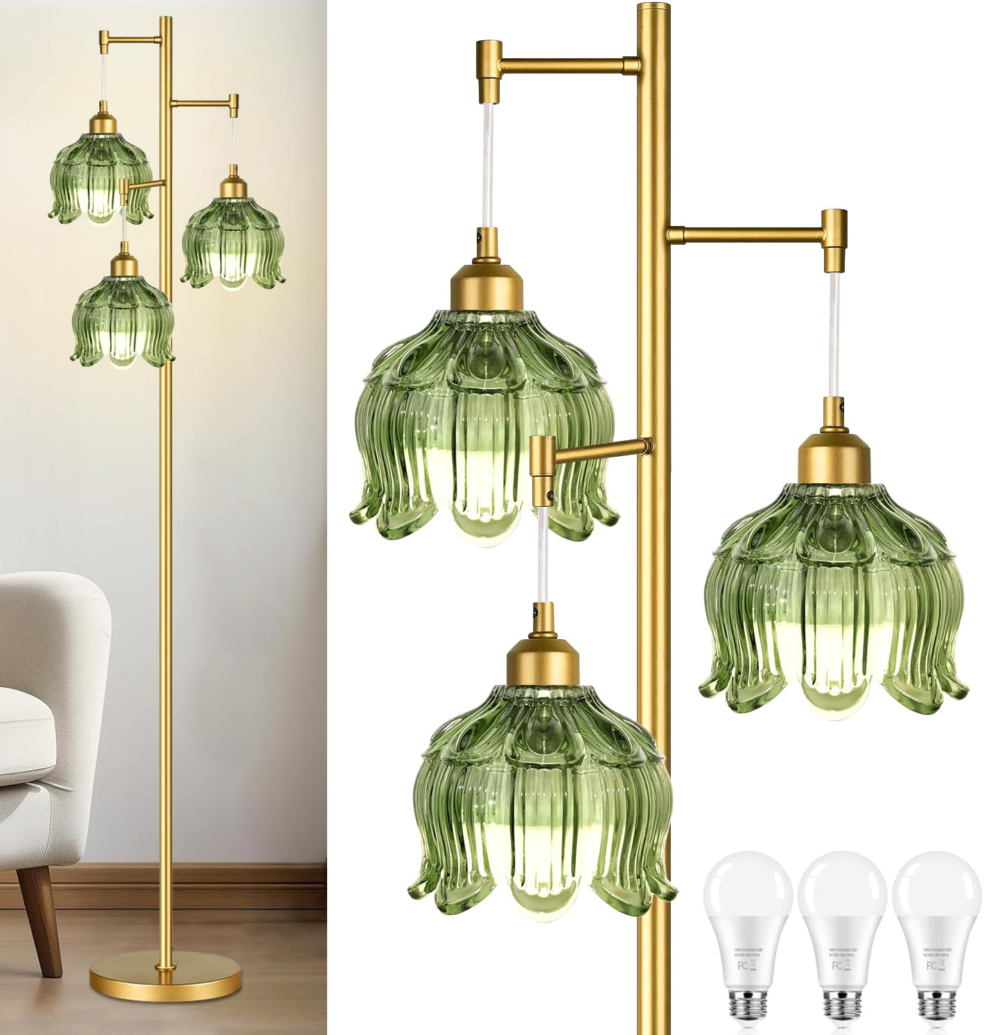 ZECOXOL Vintage Floor Lamps for Living Room Bedroom-3 Light Glass