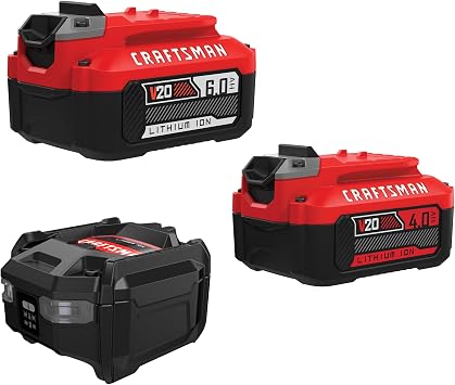 CRAFTSMAN 20V Battery and Charger Set, 4Ah and 6Ah Lithium Ion Batteries and 1 Charger, Cordless Tool Battery Packs CMCB2046-CK