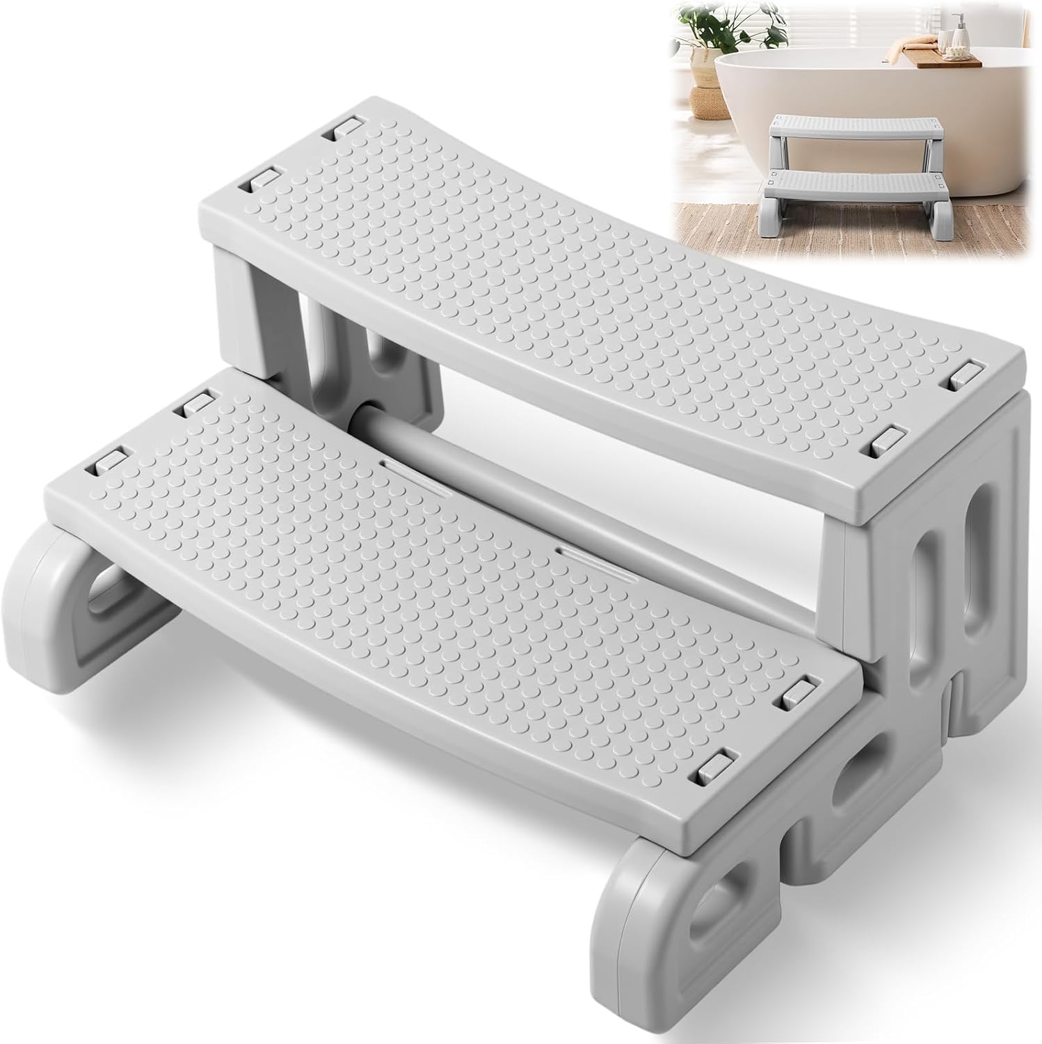 Novabright Hot Tub Steps 2 Step, Heavy Duty Spa Stairs with Non-Slip Rubber Grip Texture Weather Resistant Plastic Pool Ladder for Square Round Hot Tubs RV Trailer Camper Garage, Gray