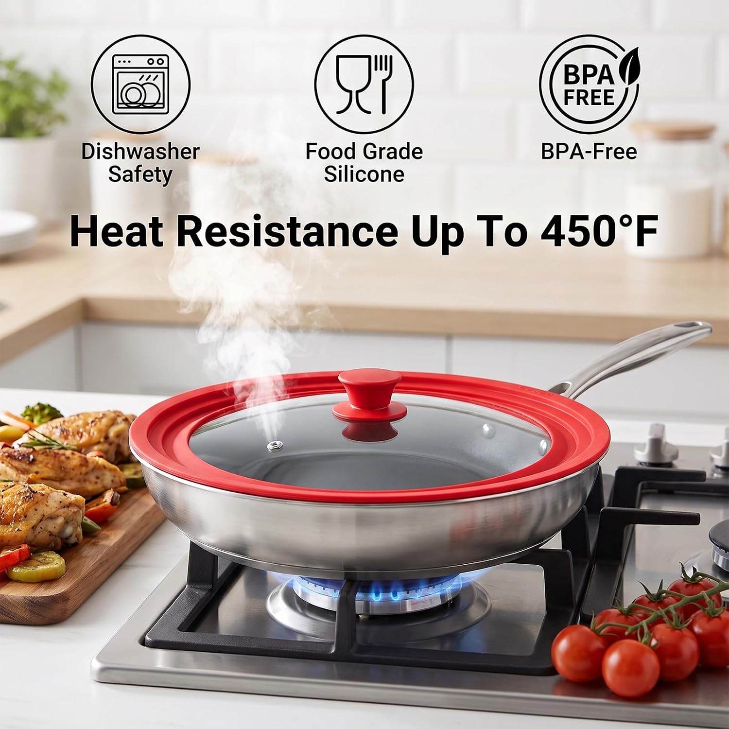 Universal Lid for Pots Pans Fits 13", 14" and 15" Diameter Cookware | Frying Pan Lid for Skillets, Tempered Glass with Heat Resistant Silicone Rim, Replacement Frying Pan Cover, Large Oversized