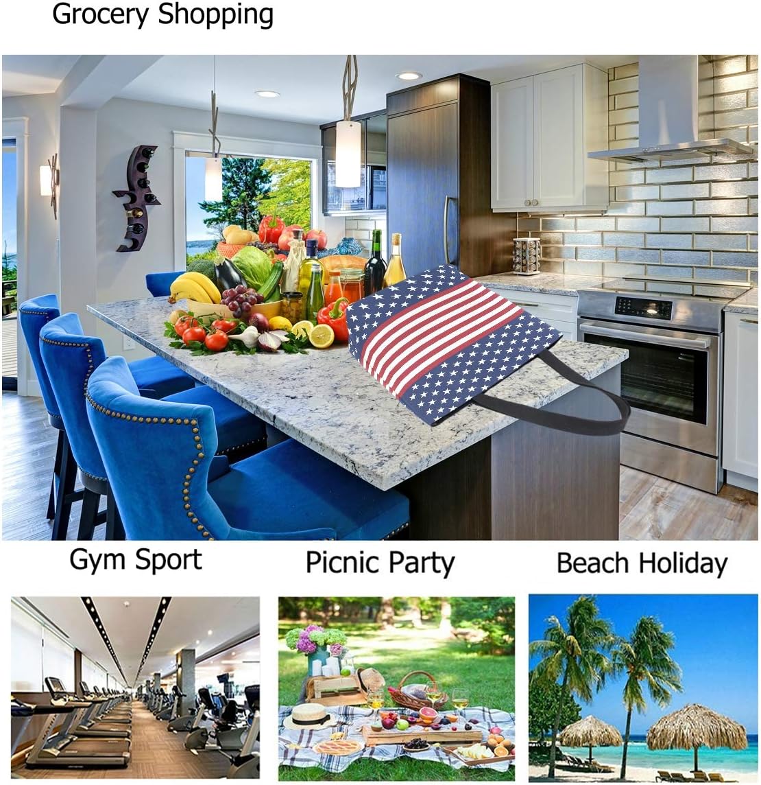 Chic Extra Large Shoulder Grocery Tote Bag, USA Flag Design Star Stripes Pattern Canvas Reusable Handle Bags for Men Women Gym Weekender Picnic Beach Travel Home Storage Market Shopping - Image 5