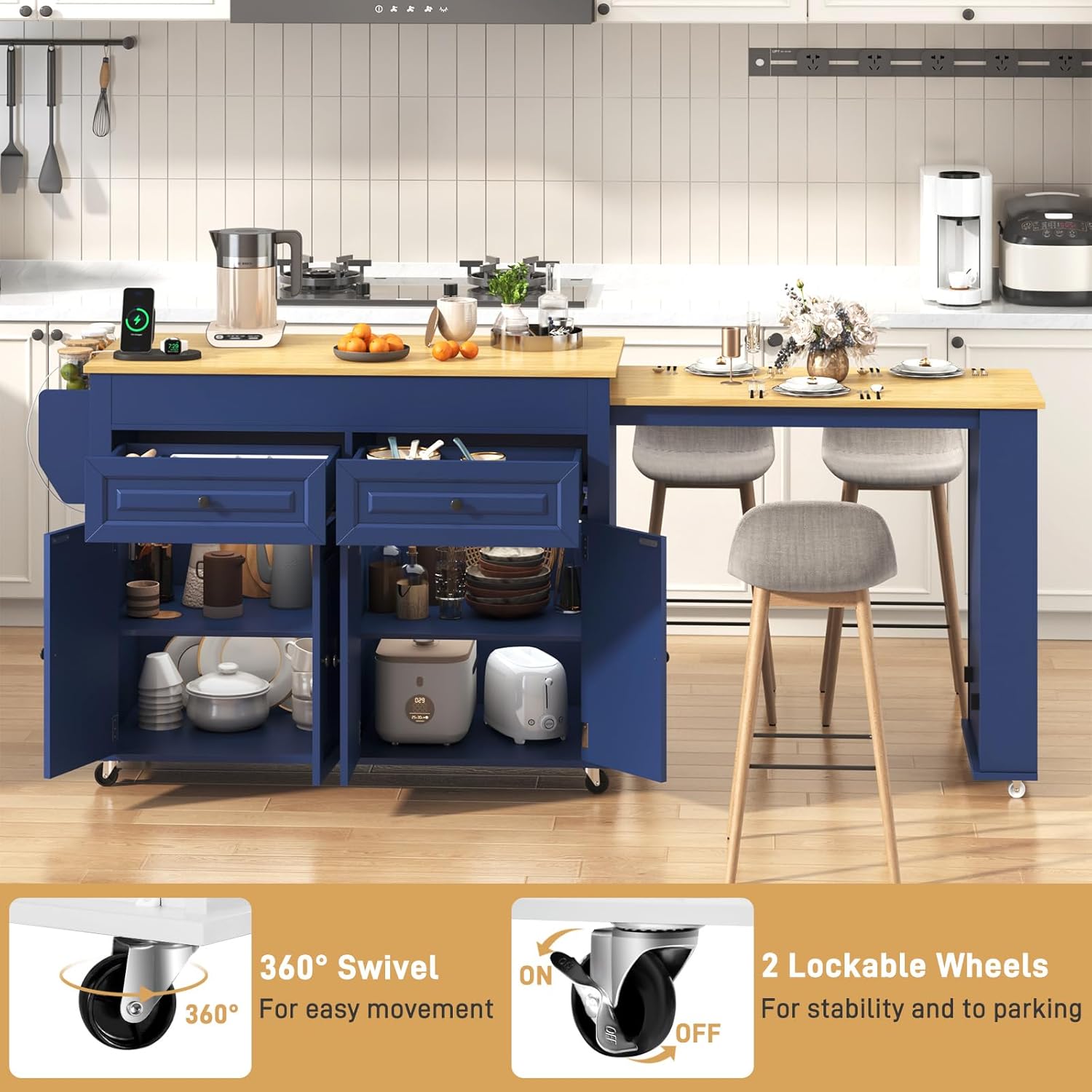 80"-48" Extendable Kitchen Island with Extended Dining Table and Power Outlet,Large Mobile Kitchen Storage Islands with 2 Storage Drawers,Rolling Islands Cart with 3 Extra Rows Open Shelves(Blue)