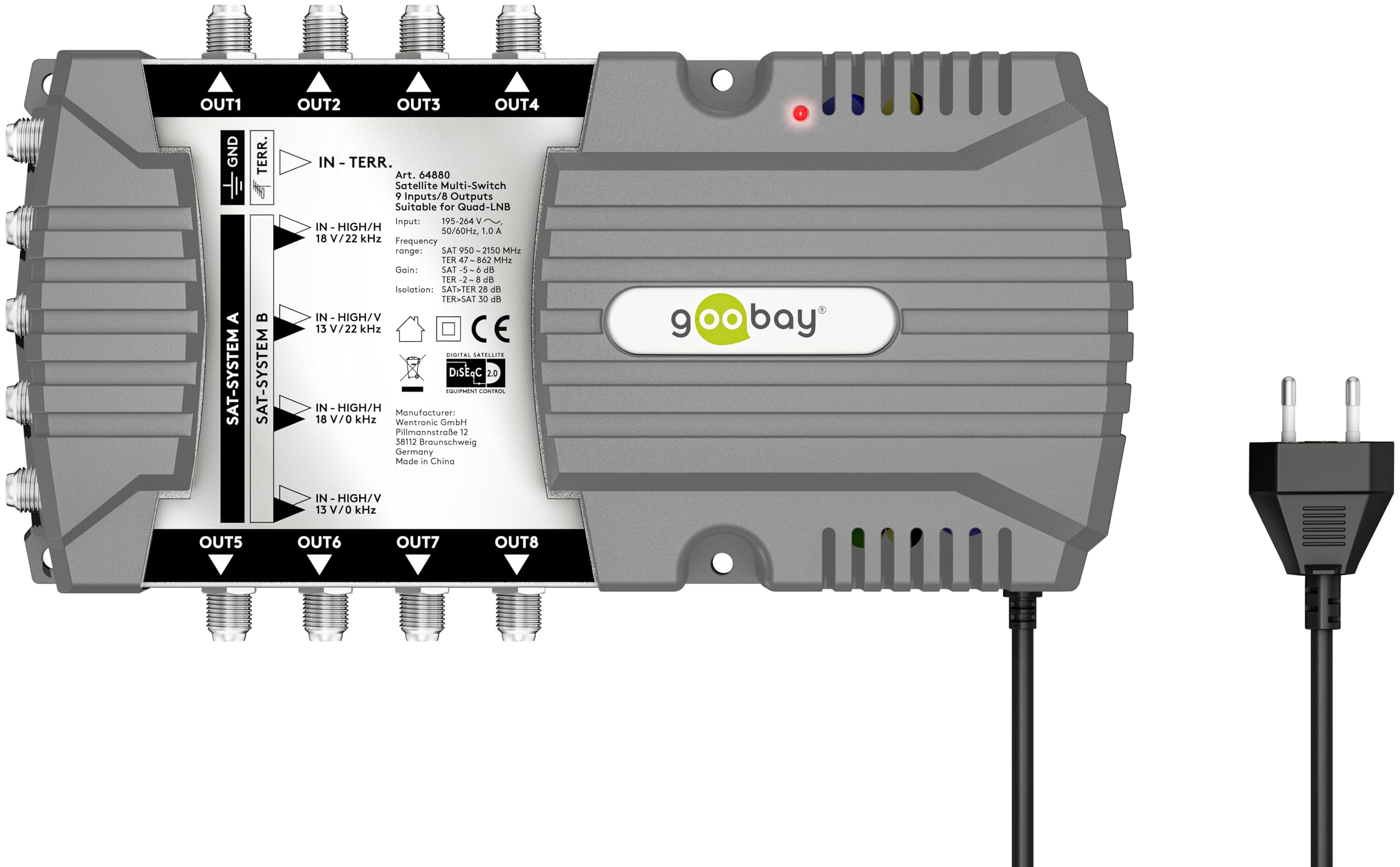 goobay 64880 Multiconmutador satélite/Multiconmutador Compacto / 9 entradas / 8 Salidas / 4K, 8K UHD/Dab+ / para 8 participantes