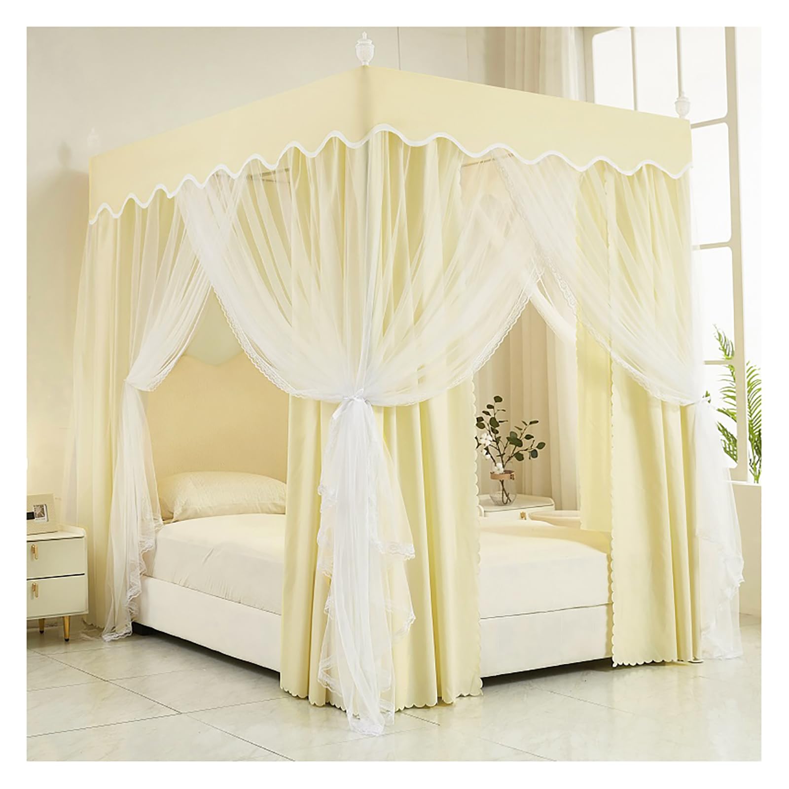 DOUZIO Canopy Bed Curtains, Bedroom Princess Mosquito Net with Frame 4 Poster Bed Canopy for Girls Bed Canopies & Drapes for Full/King/Queen Size Bed(Size:180×200×200cm,Color:Yellow)