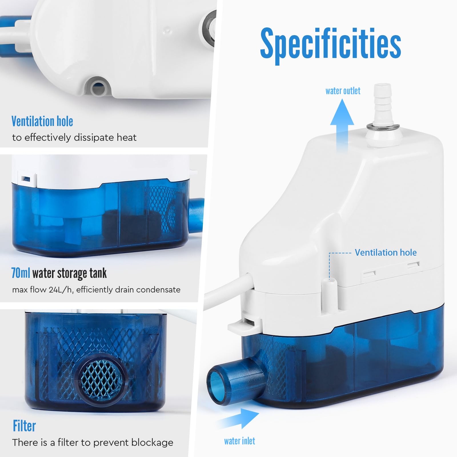 SWAWIS Pompa della Condensa per Condizionatore, 19dB Pompa di Scarico Condizionata Automatica con 70ml Serbatoio dell'Acqua, Portata Massima 24L/h, Prevalenza 10m, per Condizionatori d'Aria 10kW