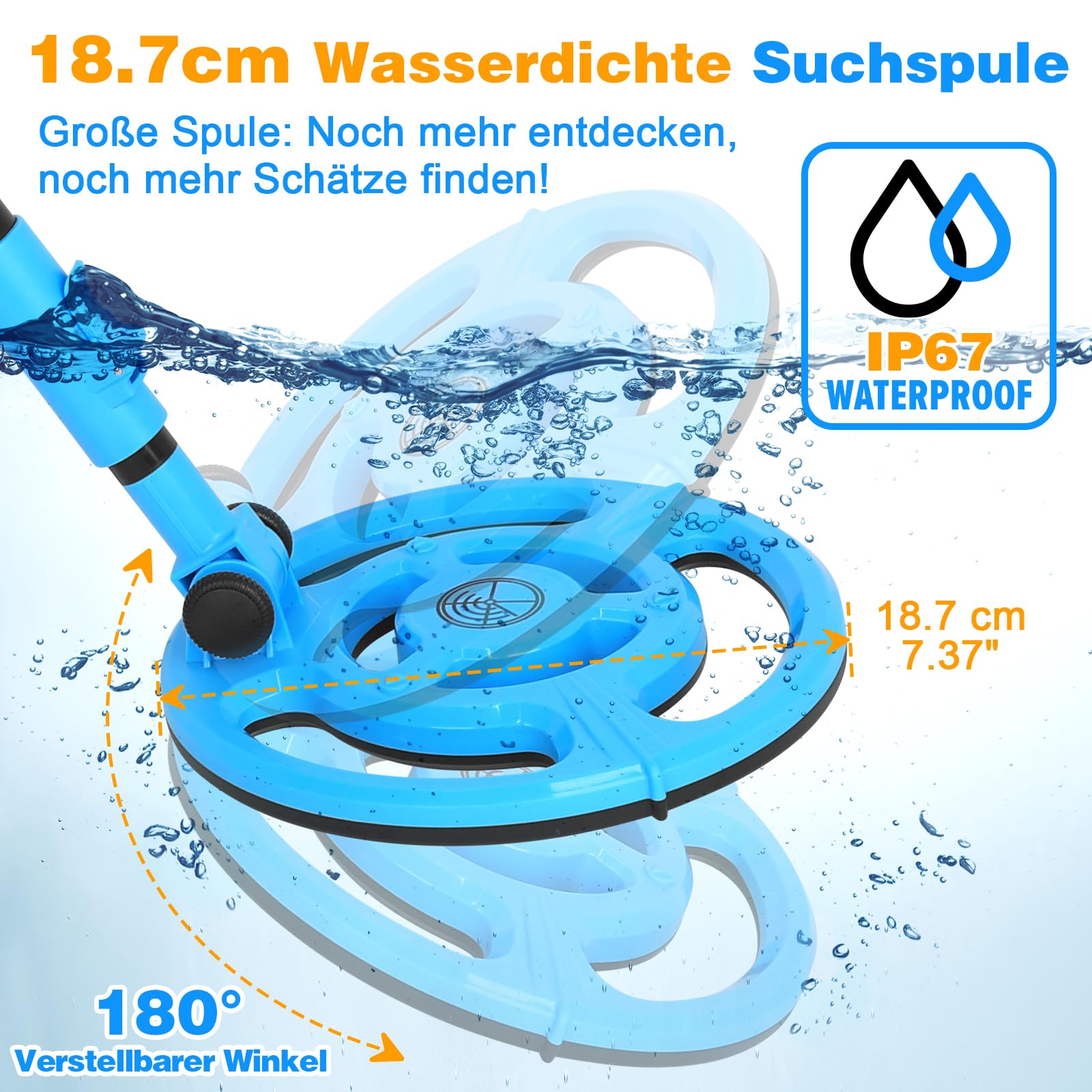 Metalldetektor Kinder, USB-wiederaufladbar Metalldetektor für Kinder, 7,36" wasserdichte Suchspule, 61-89cm Verstellbarer Griff mit LCD-Display, Strandschatzsuche Outdoor-Spielzeug für 8-12 (Blau)