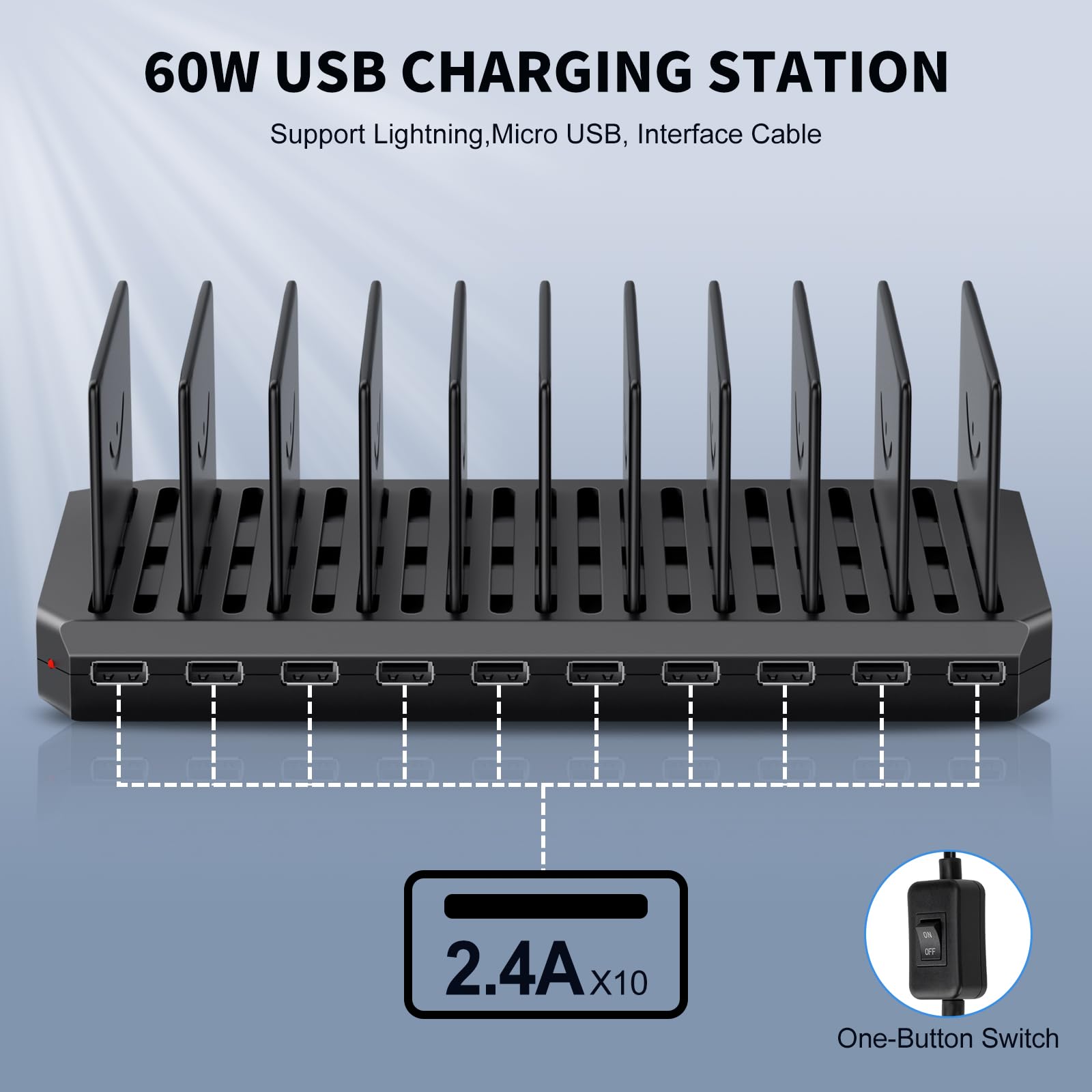 USB Charging Station for Multiple Devices, 10 Port 60W Multiple USB Charger Station with Adjustable Dividers, Fast Charging Station Hub for Hotels, Shops, Schools, Shopping Malls and Travel